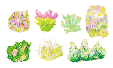 Set of garden illustrations drawn in wax crayons.Holiday,Botanical,Floral clip art hand drawn with oil pastels.Designs for wrapping paper,packaging,notebook covers,textiles,fabric,scrapbooking paper.