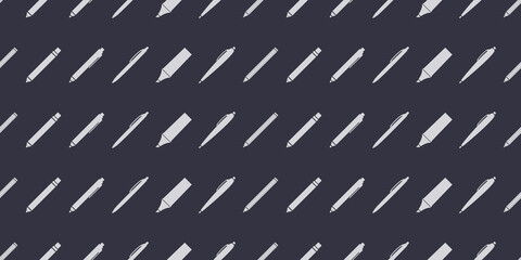 Many Various Grey Writing or Drawing Tools, Set of Pens and Pencils - Texture on Black Background - Vector Background Design