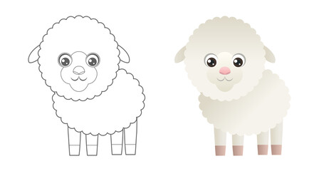 Lamb coloring page. Cute farm animals coloring book for kids. Cartoon vector  outline baby animals.