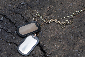Army identification badges of soldiers on the background of asphalt with cracks. Concept: military...