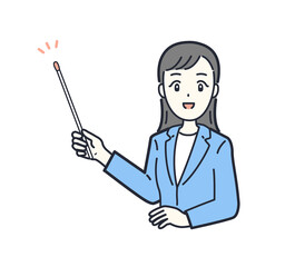 指し棒を持って説明をするスーツの女性会社員のイラスト素材