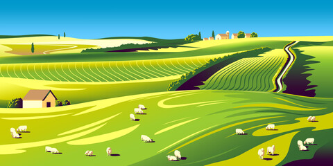 Summer rural landscape with house, sheeps, fields, meadows and hills in the background. Handmade drawing vector illustration. © alaver