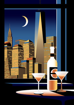 A bottle of wine and two glasses on a table against a window and night city. Handmade drawing vector illustration. Art deco style.