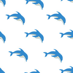 Seamless Pattern Set of cartoon dolphins in different poses, vector illustration of marine animals. Painted dolphins swim.
