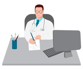 A young male doctor with glasses is sitting at a table and writing on paper. The doctor writes out a prescription. Flat vector cartoon illustration isolated on a white background