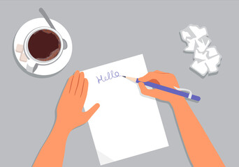 The hand writes a letter. Nearby on the table is a mug of coffee and crumpled sheets of paper. Top view. Illustration in a flat style, isolated on grey background.