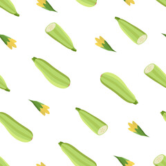 Seamless Pattern Zucchini whole and cut, zucchini flowers and leaf. Vector illustration of vegetables, a set of harvest courgette.