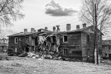 destroyed house from the shelling of air shells. Black and white photo