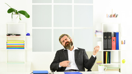 Naklejka premium Bearded hipster creative director. Advocacy and jurisprudence. Legal services director. Case manager track paperwork and other important information about case. Man sit office. Business director