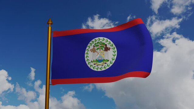 National flag of Belize waving 3D Render with flagpole and blue sky timelapse, independence day Belize was 21 September 1981, Belize flag textile and Coat of Arms and sign Sub Umbra Floreo. 4k footage