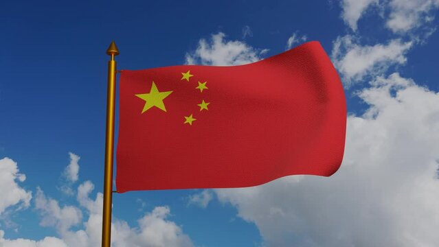 Flag of China waving 3D Render with flagpole and blue sky timelapse, National Flag of the Peoples Republic of China, Five-starred Red Flag, Chinese Communist Revolution. High quality 4k footage