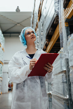 Female Worker In Protective Workwear Working In Medical Supplies Research And Production Factory And Checking Packed Canisters Of Distilled Water Before Shipment. Industrial Warehouse.