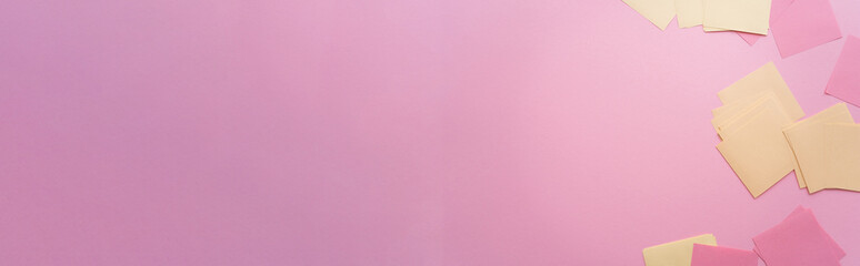top view of empty pastel paper notes on pink, banner. - obrazy, fototapety, plakaty