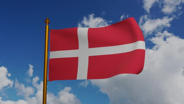 National flag of Denmark waving 3D Render with flagpole and blue sky timelapse, Dannebrog with white Scandinavian cross textile, flag kings of Denmark has Nordic cross, Rigets flag. 4k footage