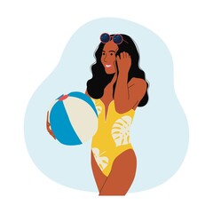 Girl in a Swimsuit. The Girl is holding an inflatable Ball in her hand. Summer vector illustration in flat style.