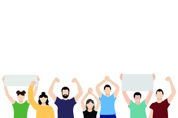 Obraz premium Set of portrait images of girls and guys with arms raised above their heads, flat vector on white background, faceless illustration