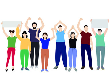 Fototapeta premium Set of girls and guys drawn in full length with arms raised above their heads, flat vector on white background, faceless illustration