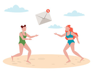 Women in swimsuits on the beach are sending a message (as if playing ball). Vector graphic.	