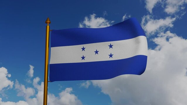 National flag of Honduras waving 3D Render with flagpole and blue sky timelapse, honduras flag based on Federal Republic of Central America, flag Republic of Honduras textile. High quality 4k footage