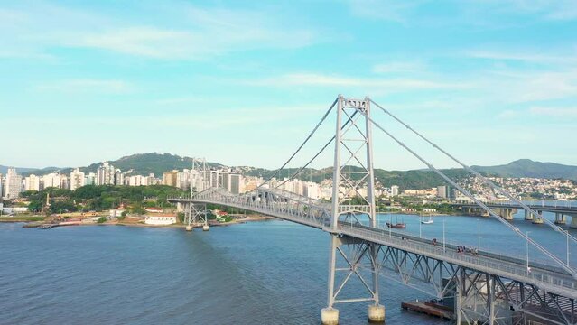 Aerial view of historical hercilio luz bridge, Florianopolis, Brazil.