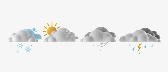 3d cartoon icon set all season clouds on white background. concept for banner, cover, poster, brochure. 3d rendering illustration