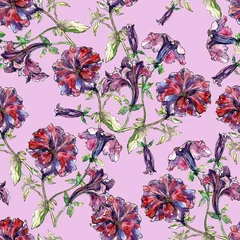Möbelaufkleber Seamless pattern with flowers petunia on pink background. © Olga Kleshchenko