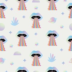 Trippy Space Seamless Pattern with Mouth and Space