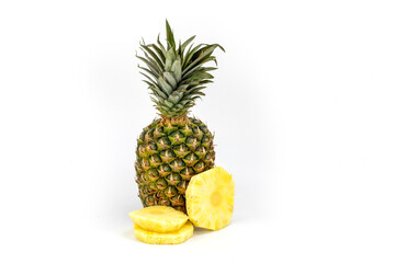 Fototapeta na wymiar Pineapple isolated in white background, nobody, colorful body and ample copy space, shot using studio lighting and macro setup 
