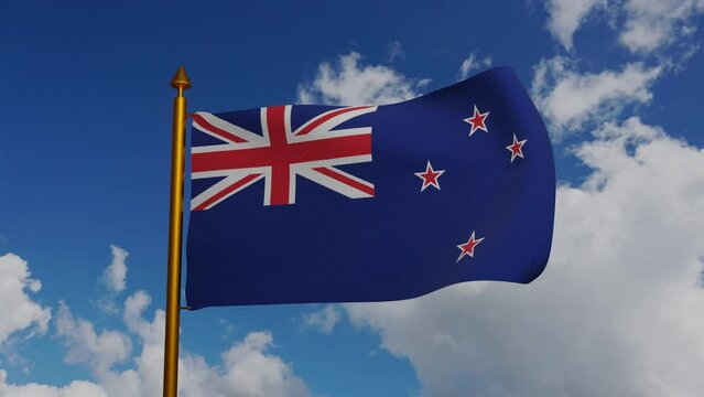 National flag of New Zealand waving 3D Render with flagpole and blue sky timelapse, Republic New Zealand flag textile Designed by Albert Hastings Markham, coat of arms New Zealand independence day. 4k