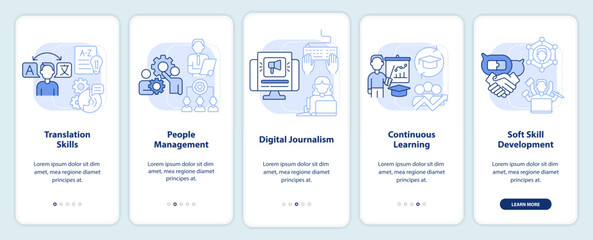 Must-have skills to put in CV light blue onboarding mobile app screen. Walkthrough 5 steps graphic instructions pages with linear concepts. UI, UX, GUI template. Myriad Pro-Bold, Regular fonts used