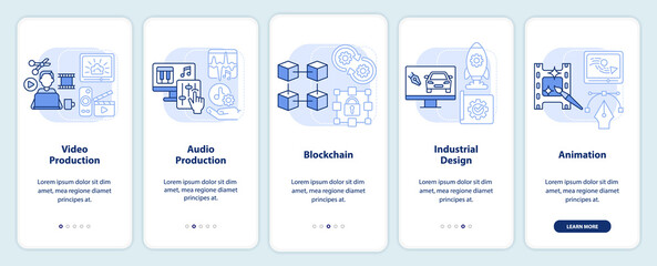 Competitive job candidate skills light blue onboarding mobile app screen. Walkthrough 5 steps graphic instructions pages with linear concepts. UI, UX, GUI template. Myriad Pro-Bold, Regular fonts used