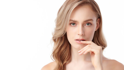 Fototapeta premium Beautiful young woman with clean fresh skin on white background, Face care, Facial treatment, Cosmetology, beauty and spa, women portrait.
