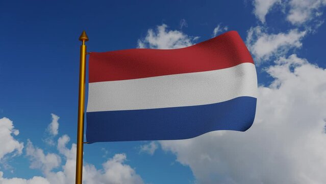 National Flag of the Netherlands waving 3D Render with flagpole and blue sky timelapse, Holland tricolour flag, de Nederlandse vlag, Kingdom of the Netherlands flag Dutch. High quality 4k footage