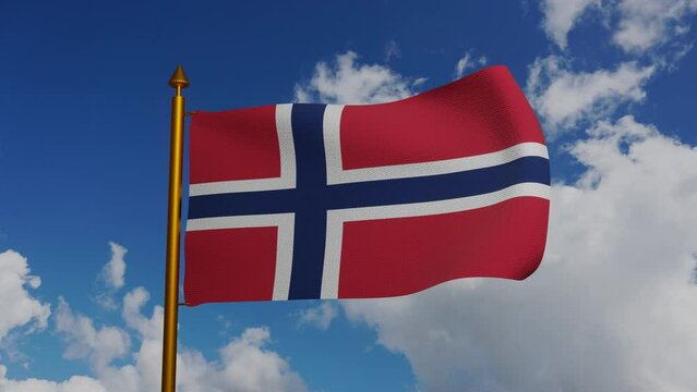 National flag of Norway waving 3D Render with flagpole and blue sky timelapse, Norges flagg or Noregs flagg used blue Scandinavian cross, Kingdom of Norway flag with Nordic cross. High quality 4k