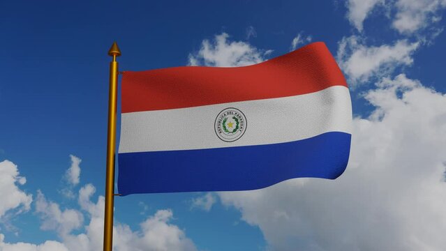 National flag of Paraguay waving 3D Render with flagpole and blue sky timelapse, Republic of Paraguay flag textile or Paraguayan flag, coat of arms Paraguay independence day, bandera de Paraguay.