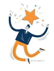 Cartoon of a man with an award. The concept of achieving the goal. Pride in achievement.