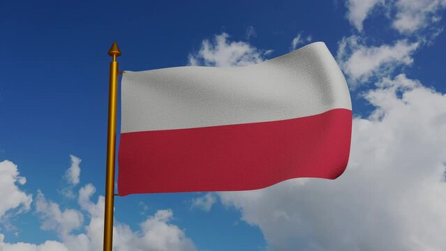 National flag of Poland waving 3D Render with flagpole and blue sky timelapse, flaga Polski or Flag of the Republic of Poland Rzeczpospolita. High quality 4k footage