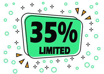 35% off, limited offer. Bubble banner for price reduction on products and stores.