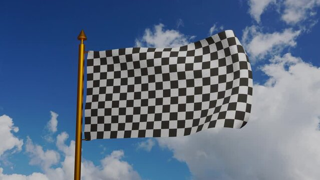 Racing Flag Waving 3D Render With Flagpole And Blue Sky Timelapse, Formula One Finish Flag Textile, Auto Race Track Or Auto Racing On Formula 1, FIA World Endurance Championship And WTCC. 4k Footage