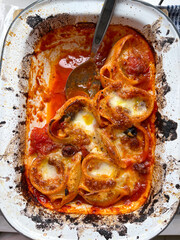 Baking tray with pasta lumaconi stuffed with mozzarella cheese and tomato sauce
