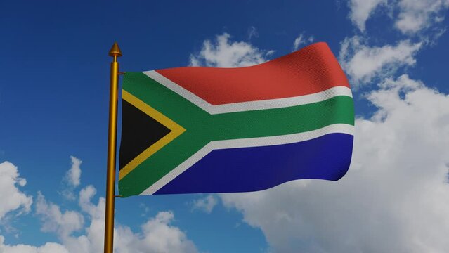 National flag of South Africa waving 3D Render with flagpole and blue sky timelapse, Republic of South Africa flag textile Designed by Frederick Brownell, coat of arms South Africa independence day.