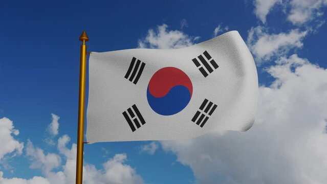 National Flag Of South Korea Waving 3D Render With Flagpole And Blue Sky Timelapse, Flag Of The Republic Of Korea Textile By Gojong, Coat Of Arms South Korea Independence Day, Taegukgi Korean Empire.