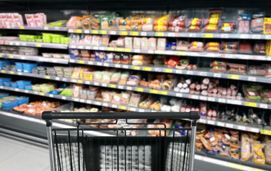 choosing a dairy products at supermarket.empty grocery cart in an empty supermarket