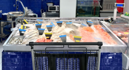  fresh fish seafood in supermarket. grocery cart in an empty supermarket