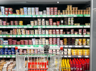 choosing a dairy products at supermarket.empty grocery cart in an empty supermarket