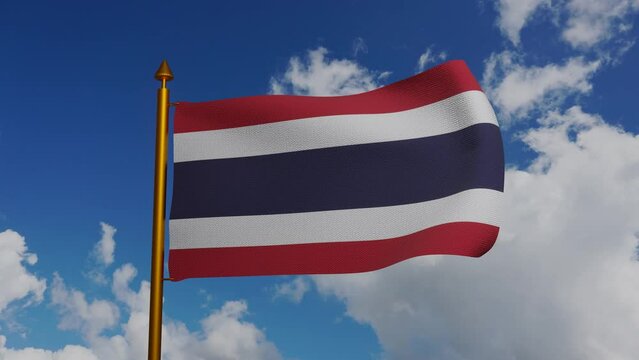 National flag of Thailand waving 3D Render with flagpole and blue sky timelapse, Kingdom of Thailand flag textile by King Vajiravudh, coat of arms Thailand independence day, Thai or thong trai rong.