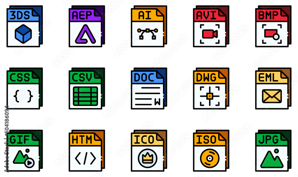 Poster set of vector icons related to files. contains such icons as avi fileds file, ai file, avi file, doc