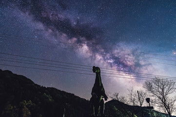 夜の恐竜の姿と天の川