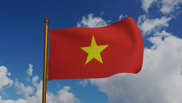 National flag of Vietnam waving 3D Render with flagpole and blue sky timelapse, Socialist Republic of Vietnam flag textile by Nguyen Huu Tien, Vietnam independence day, Vietnamese flag of Fatherland.