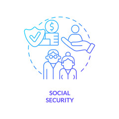 Social security blue gradient concept icon. Retirement income and insurance. Budget expenditures abstract idea thin line illustration. Isolated outline drawing. Myriad Pro-Bold font used